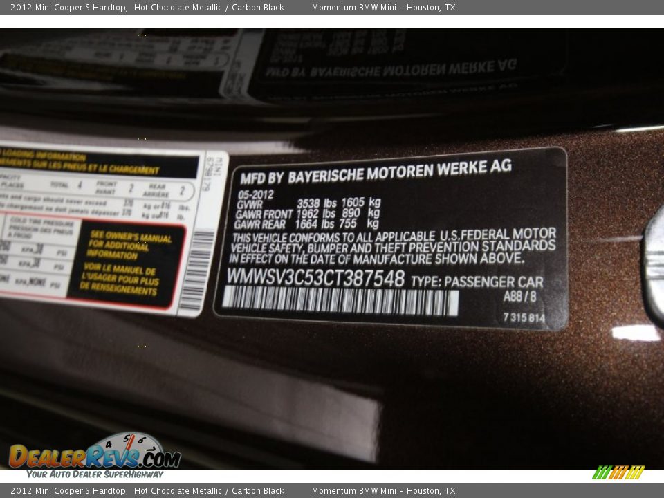 2012 Mini Cooper S Hardtop Hot Chocolate Metallic / Carbon Black Photo #10