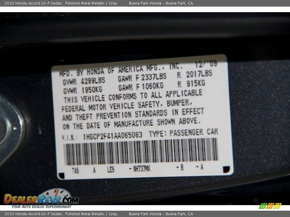 2010 Honda Accord LX-P Sedan Polished Metal Metallic / Gray Photo #33