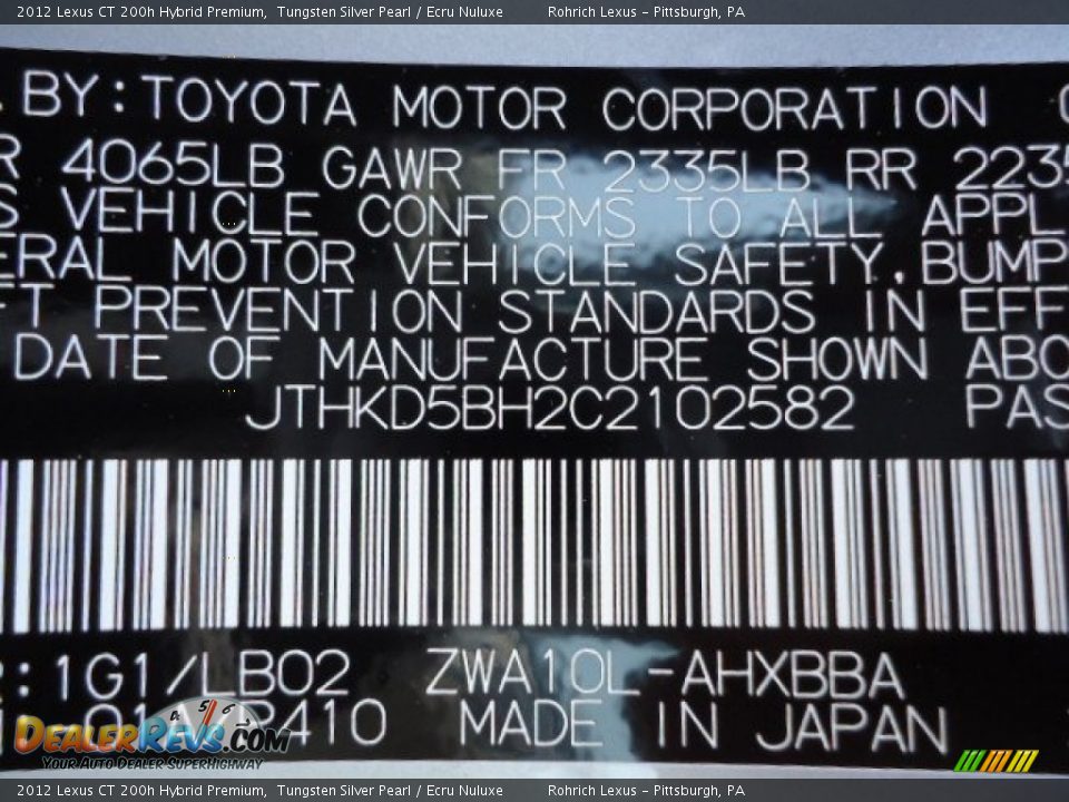 2012 Lexus CT 200h Hybrid Premium Tungsten Silver Pearl / Ecru Nuluxe Photo #16