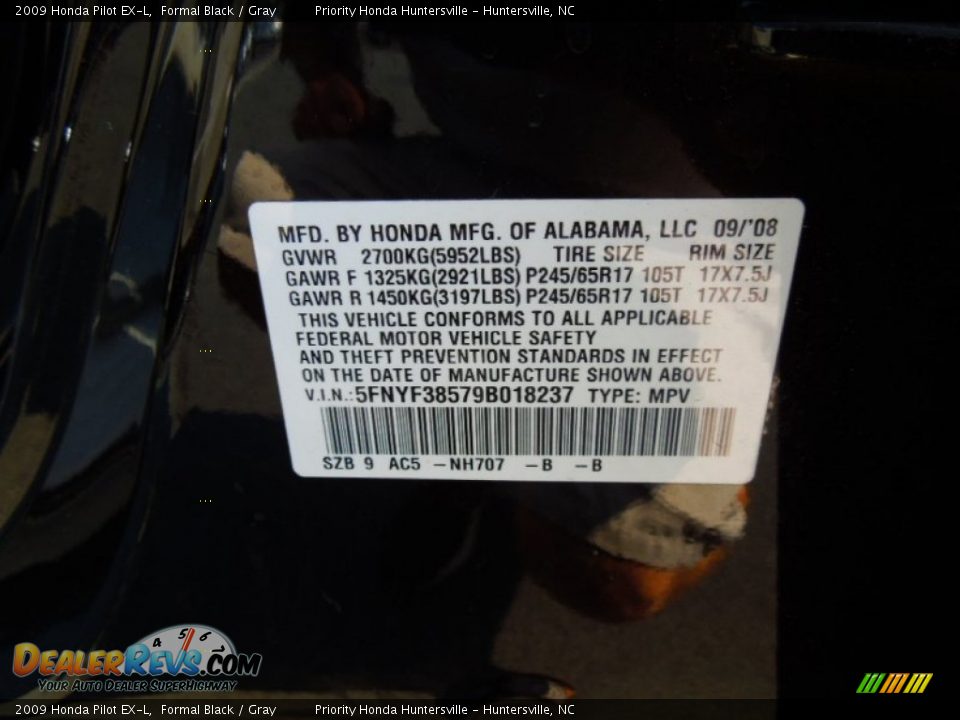 2009 Honda Pilot EX-L Formal Black / Gray Photo #7
