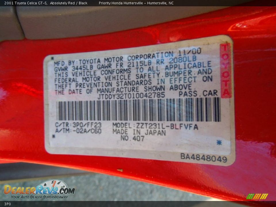 Toyota Color Code 3P0 Absolutely Red