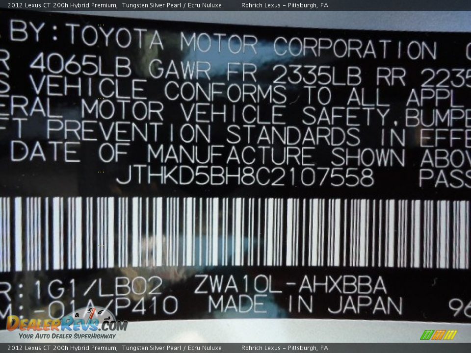 2012 Lexus CT 200h Hybrid Premium Tungsten Silver Pearl / Ecru Nuluxe Photo #16