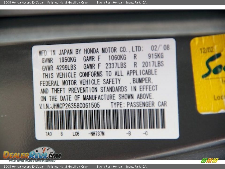 2008 Honda Accord LX Sedan Polished Metal Metallic / Gray Photo #34