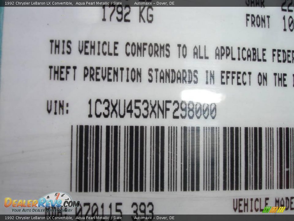 1992 Chrysler LeBaron LX Convertible Aqua Pearl Metallic / Slate Photo #25