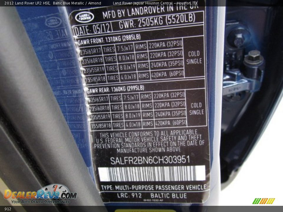 Land Rover Color Code 912 Baltic Blue Metallic