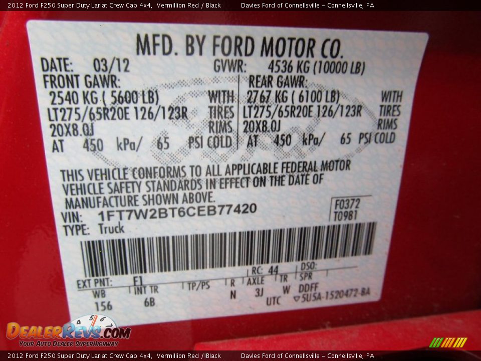 2012 Ford F250 Super Duty Lariat Crew Cab 4x4 Vermillion Red / Black Photo #13