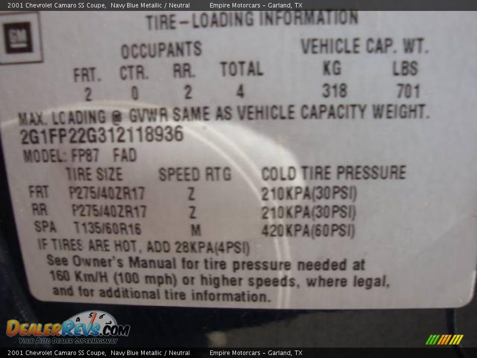 2001 Chevrolet Camaro SS Coupe Navy Blue Metallic / Neutral Photo #20