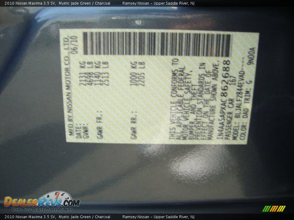 2010 Nissan Maxima 3.5 SV Mystic Jade Green / Charcoal Photo #31