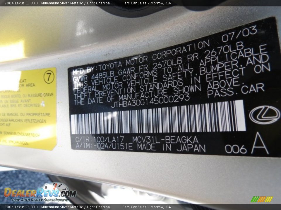 2004 Lexus ES 330 Millennium Silver Metallic / Light Charcoal Photo #16