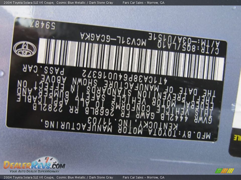 2004 Toyota Solara SLE V6 Coupe Cosmic Blue Metallic / Dark Stone Gray Photo #12