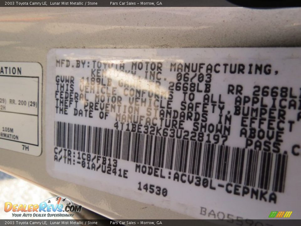 2003 Toyota Camry LE Lunar Mist Metallic / Stone Photo #14