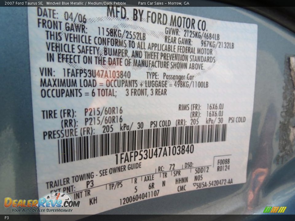 Ford Color Code P3 Windveil Blue Metallic