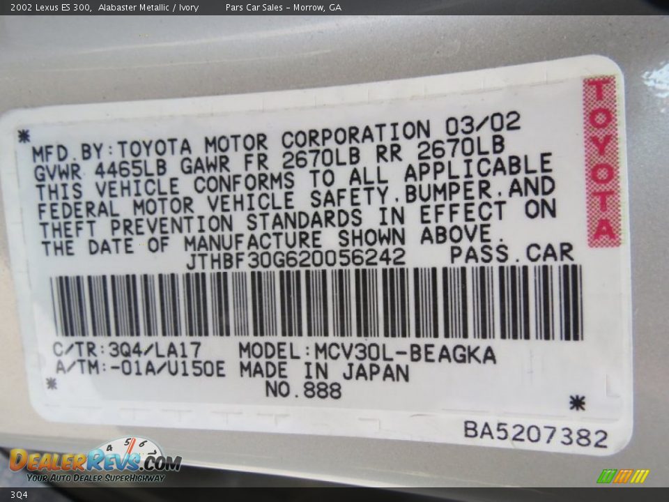 Lexus Color Code 3Q4 Alabaster Metallic