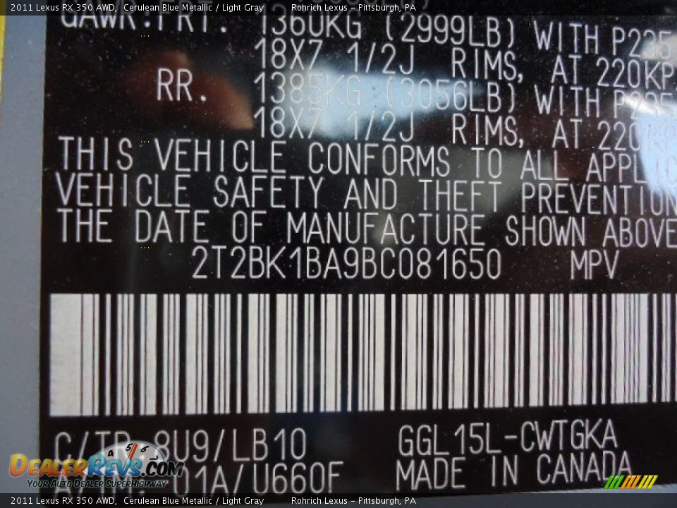 2011 Lexus RX 350 AWD Cerulean Blue Metallic / Light Gray Photo #16