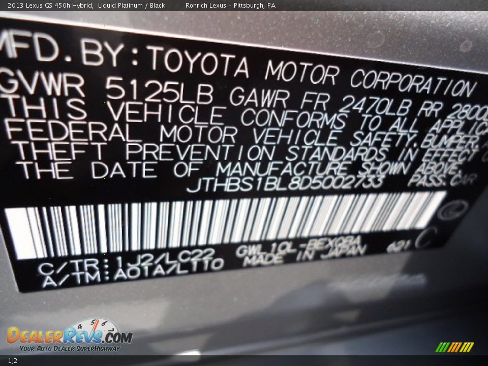 Lexus Color Code 1J2 Liquid Platinum