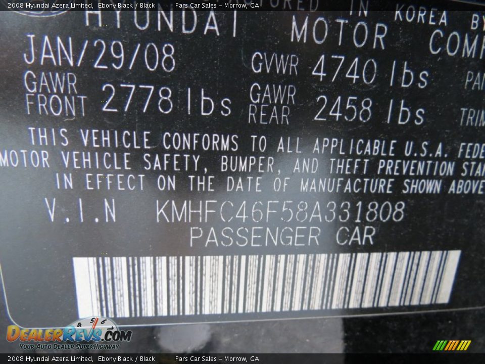 2008 Hyundai Azera Limited Ebony Black / Black Photo #15