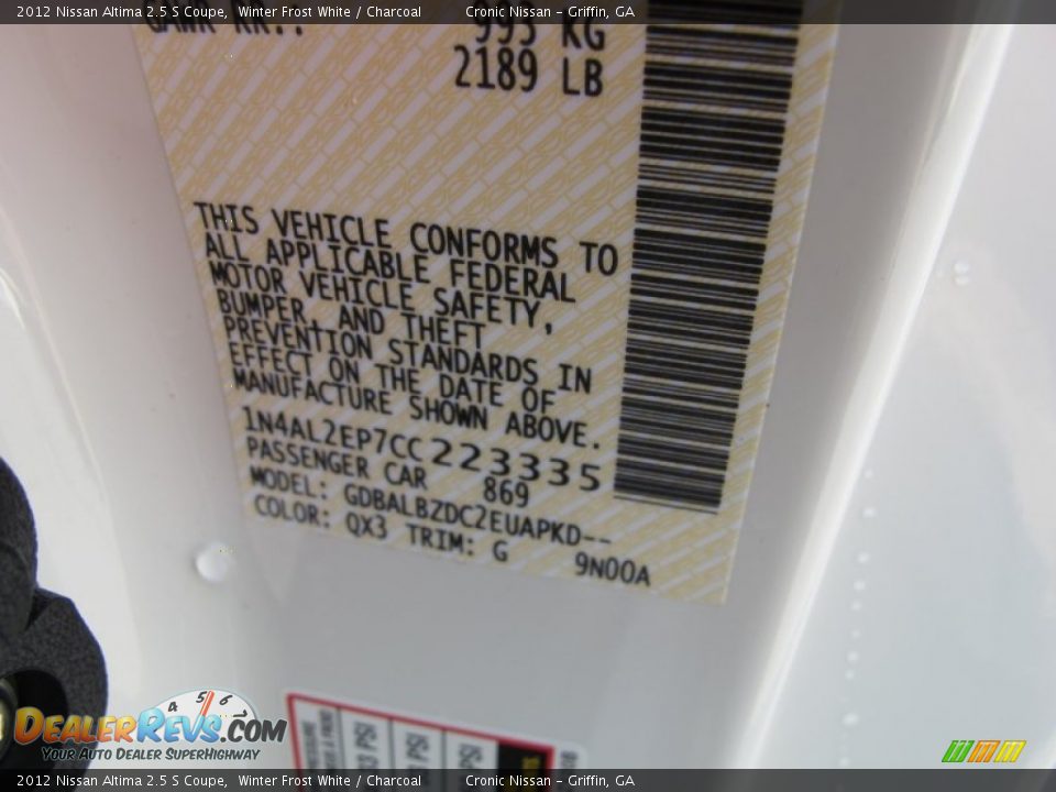 2012 Nissan Altima 2.5 S Coupe Winter Frost White / Charcoal Photo #15