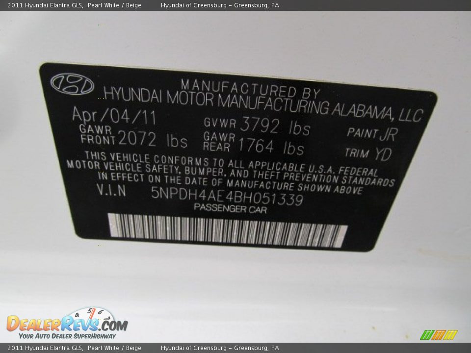 2011 Hyundai Elantra GLS Pearl White / Beige Photo #24