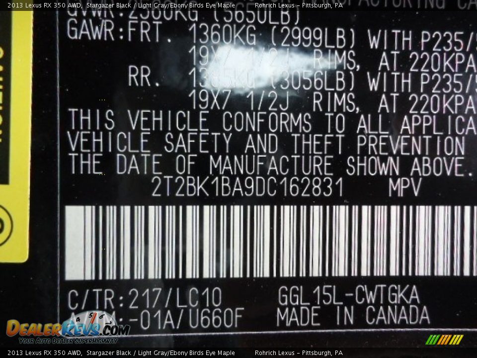 2013 Lexus RX 350 AWD Stargazer Black / Light Gray/Ebony Birds Eye Maple Photo #17