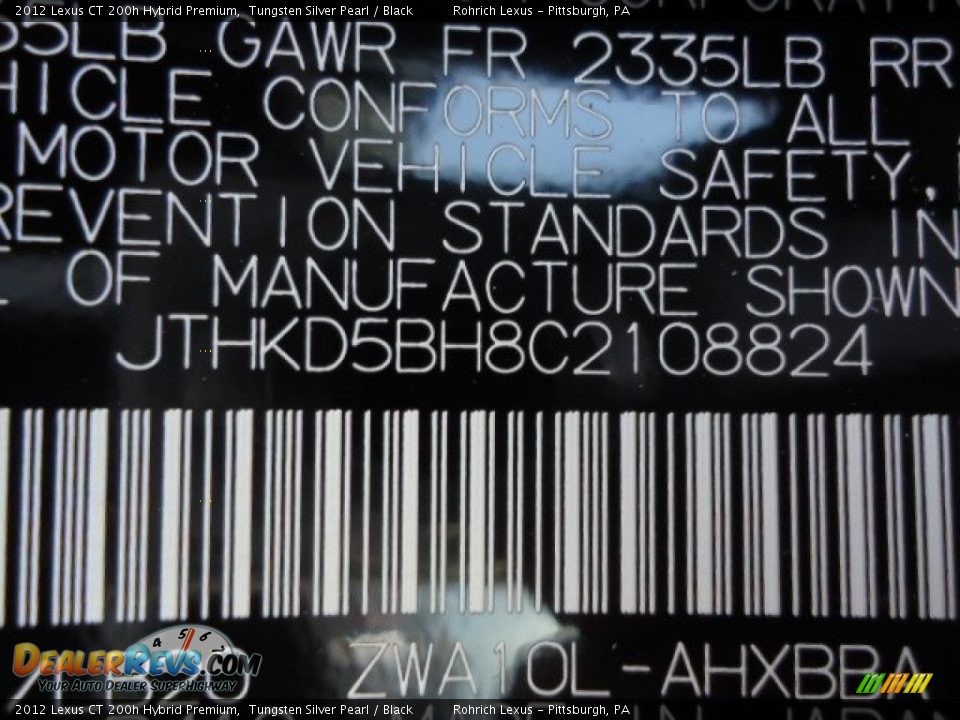 2012 Lexus CT 200h Hybrid Premium Tungsten Silver Pearl / Black Photo #16