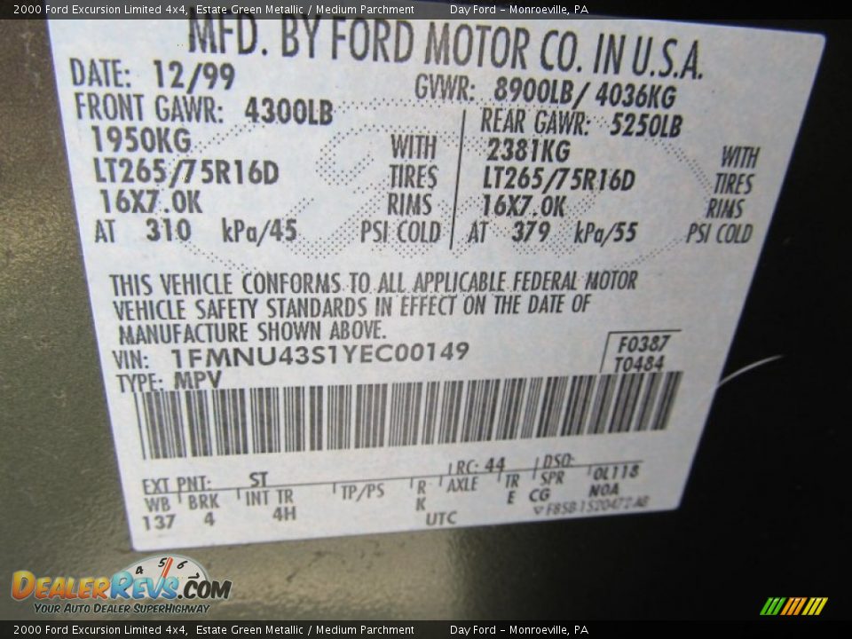 2000 Ford Excursion Limited 4x4 Estate Green Metallic / Medium Parchment Photo #14