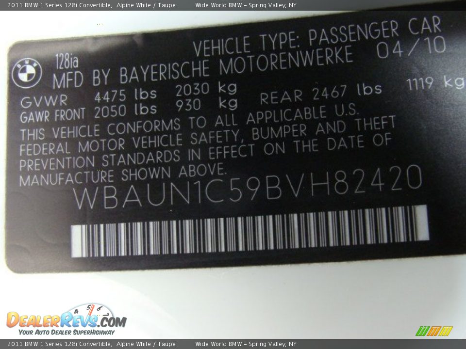 2011 BMW 1 Series 128i Convertible Alpine White / Taupe Photo #17