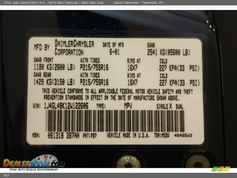 Jeep Color Code PB7 Patriot Blue Pearlcoat