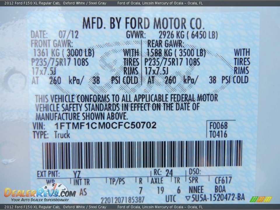 2012 Ford F150 XL Regular Cab Oxford White / Steel Gray Photo #11