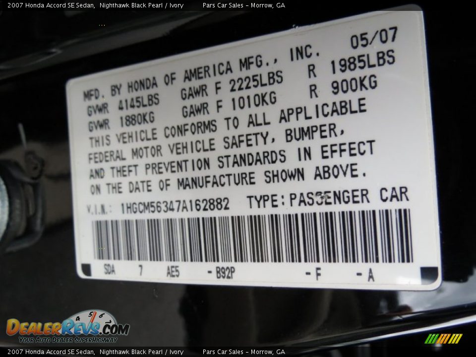 2007 Honda Accord SE Sedan Nighthawk Black Pearl / Ivory Photo #14