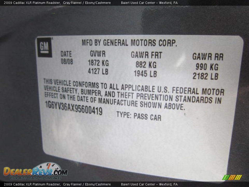Info Tag of 2009 Cadillac XLR Platinum Roadster Photo #17