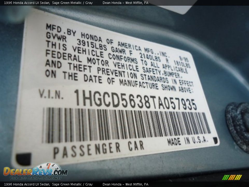 1996 Honda Accord LX Sedan Sage Green Metallic / Gray Photo #16