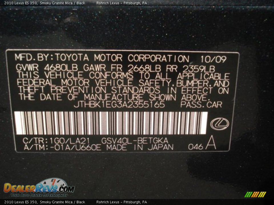 2010 Lexus ES 350 Smoky Granite Mica / Black Photo #20