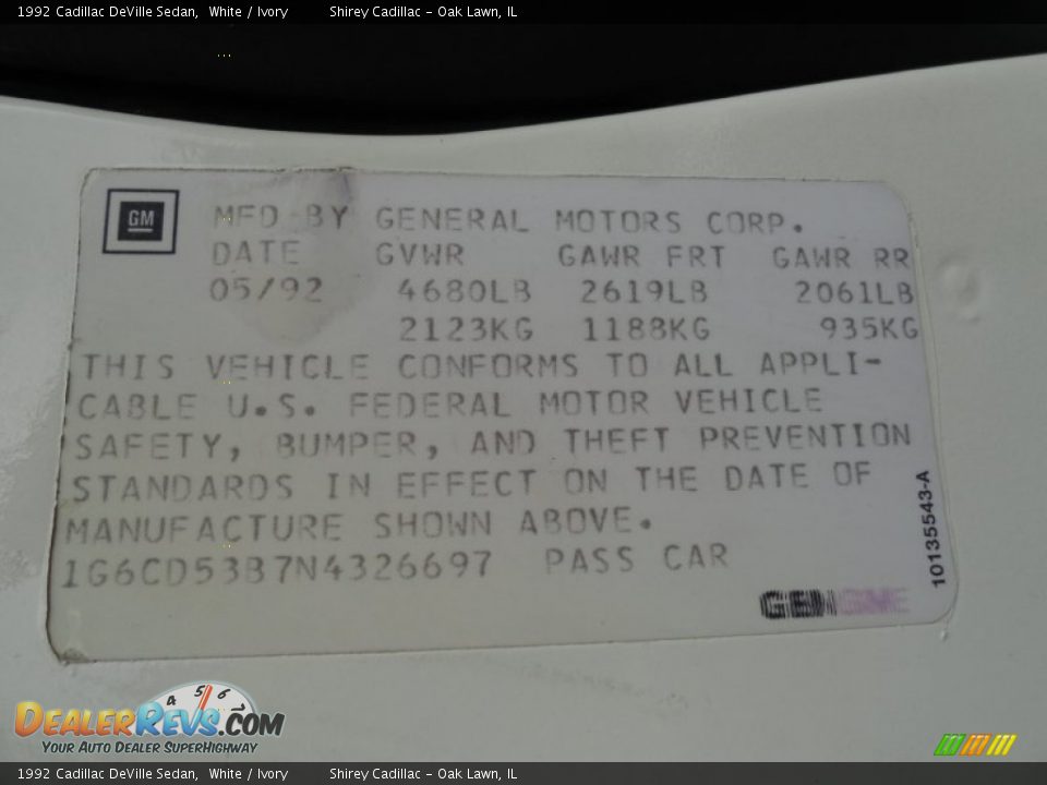 Info Tag of 1992 Cadillac DeVille Sedan Photo #14