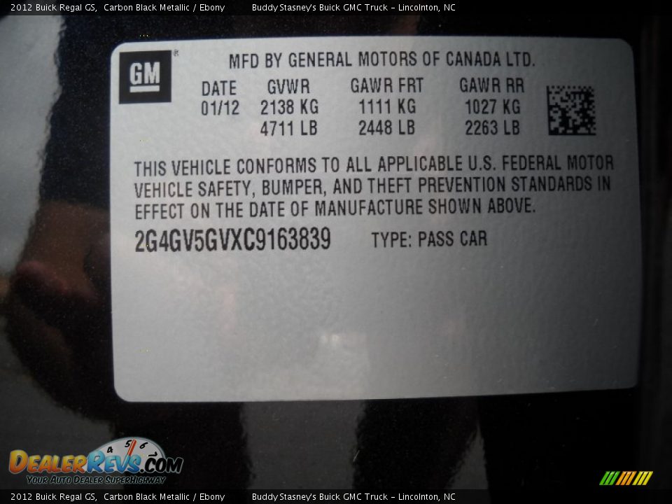 2012 Buick Regal GS Carbon Black Metallic / Ebony Photo #20