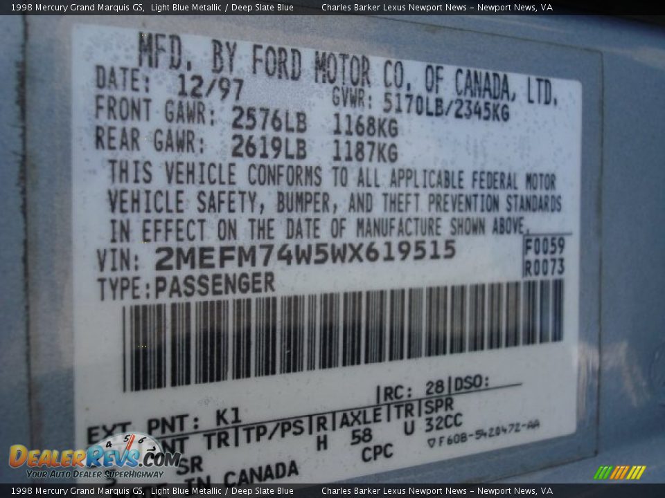 1998 Mercury Grand Marquis GS Light Blue Metallic / Deep Slate Blue Photo #17