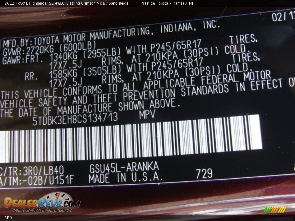 Toyota Color Code 3R0 Sizzling Crimson Mica