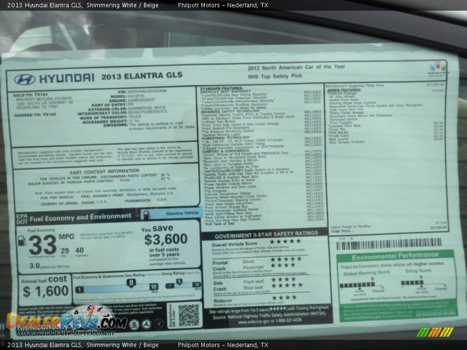 2013 Hyundai Elantra GLS Shimmering White / Beige Photo #32