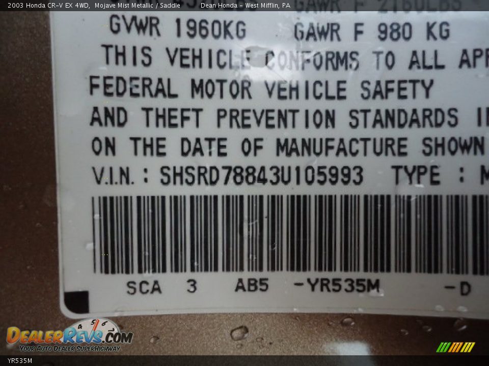 Honda Color Code YR535M Mojave Mist Metallic