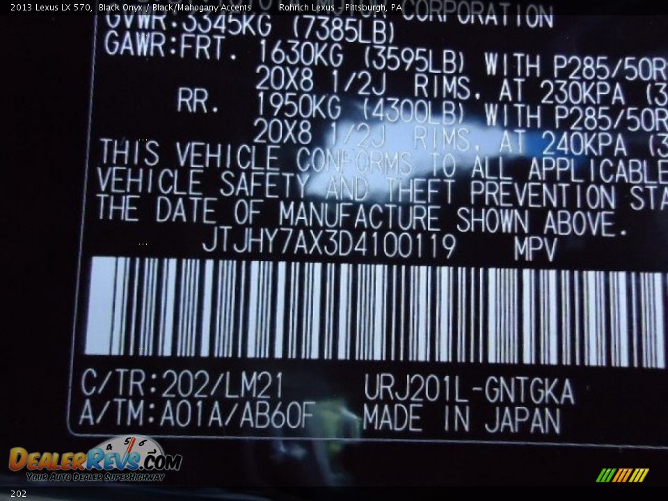 Lexus Color Code 202 Black Onyx