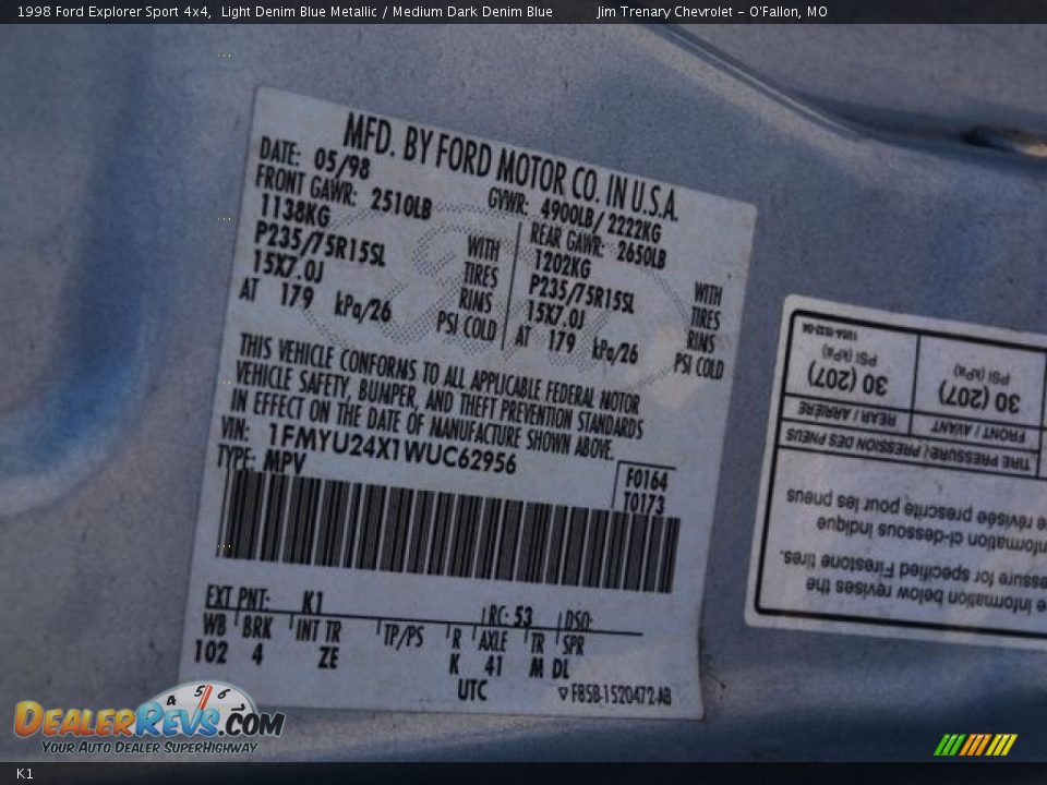 Ford Color Code K1 Light Denim Blue Metallic