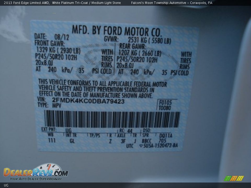 Ford Color Code UG White Platinum Tri-Coat
