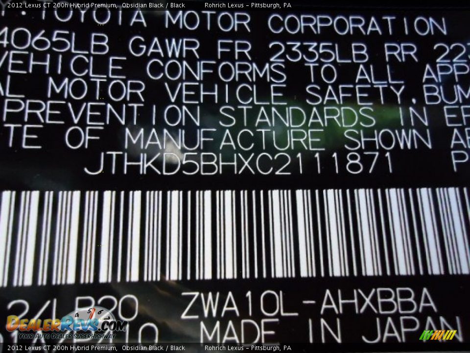 2012 Lexus CT 200h Hybrid Premium Obsidian Black / Black Photo #17