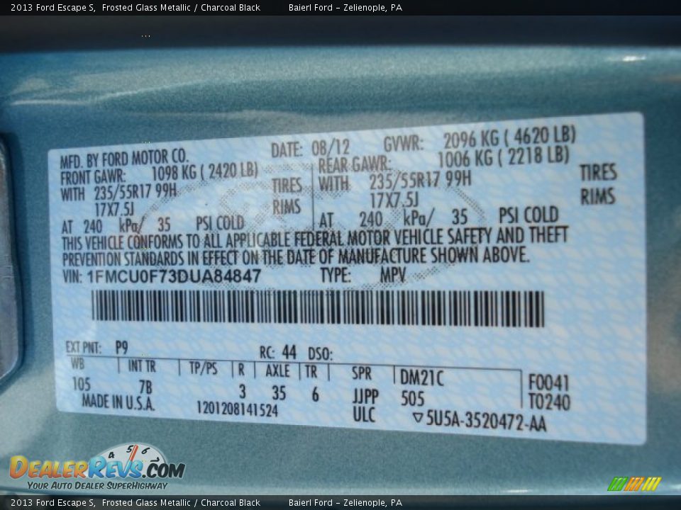 2013 Ford Escape S Frosted Glass Metallic / Charcoal Black Photo #20