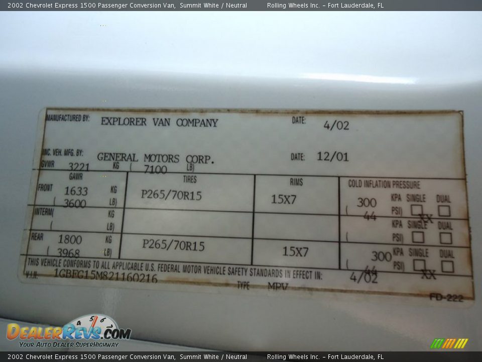 Info Tag of 2002 Chevrolet Express 1500 Passenger Conversion Van Photo #35