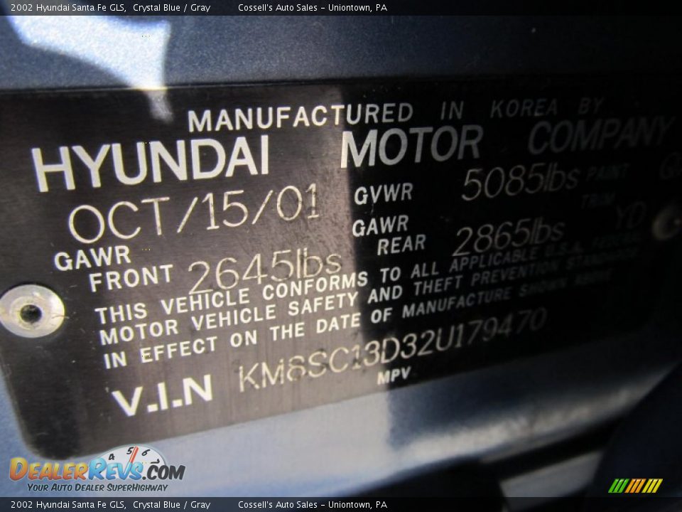 2002 Hyundai Santa Fe GLS Crystal Blue / Gray Photo #14