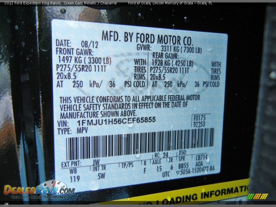 Ford Color Code JW Green Gem Metallic