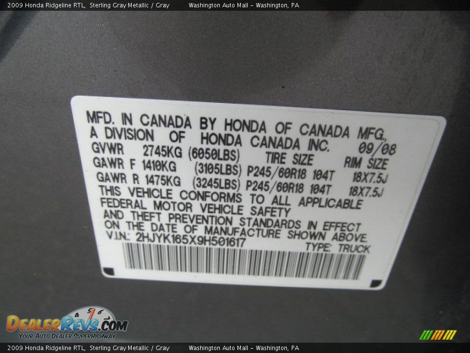 2009 Honda Ridgeline RTL Sterling Gray Metallic / Gray Photo #19