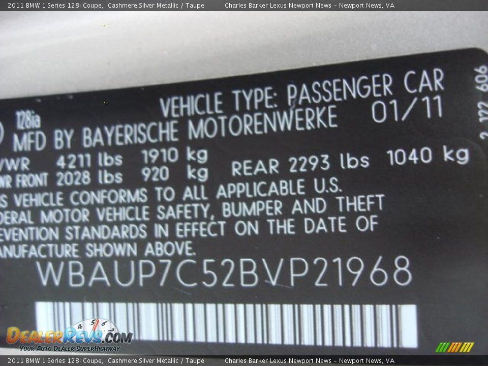 2011 BMW 1 Series 128i Coupe Cashmere Silver Metallic / Taupe Photo #29