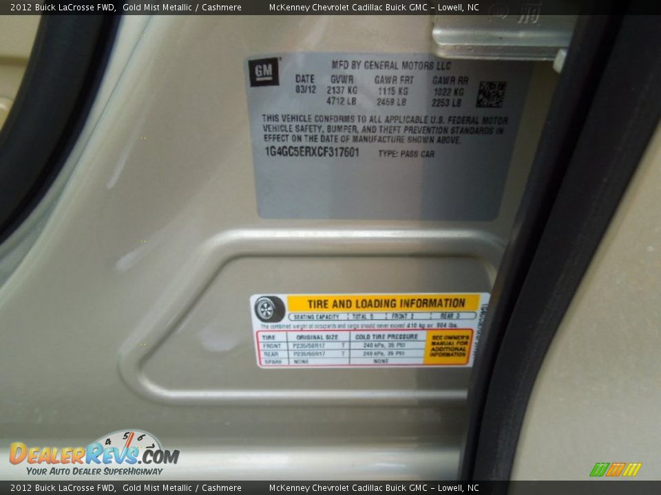2012 Buick LaCrosse FWD Gold Mist Metallic / Cashmere Photo #7