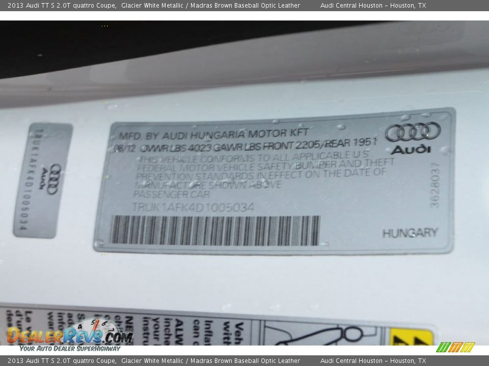 Info Tag of 2013 Audi TT S 2.0T quattro Coupe Photo #23